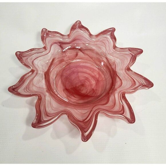 Murano Blown Art Glass 9.5" Red Swirl Dish 1960s Thick Heavy Dish